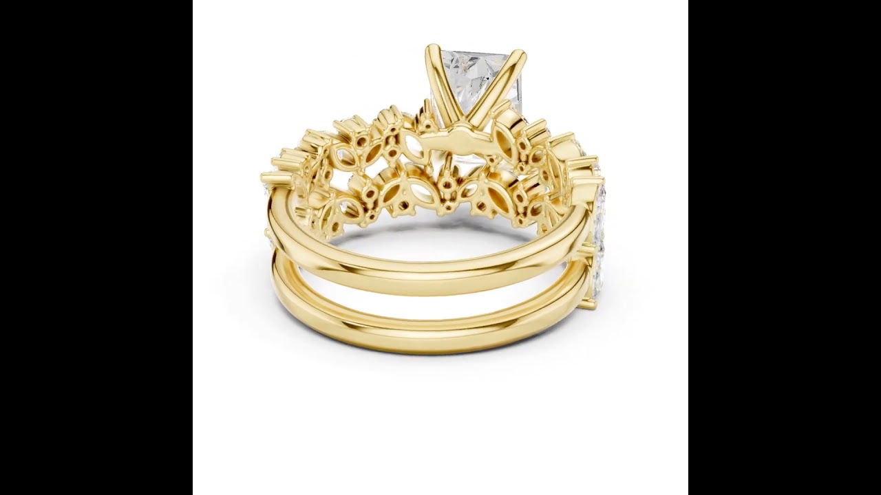 Radiant Cut Bridal Ring Set With Marquise & Round Diamond Band