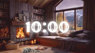 10 Minute Cozy Reading Nook Timer ☕📚 Rain, Fireplace & Cat Ambience