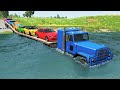 Double Flatbed Long Trailer Truck Rescue - Cars vs Deep Water & Massive Speed Bumps – BeamNG.Drive