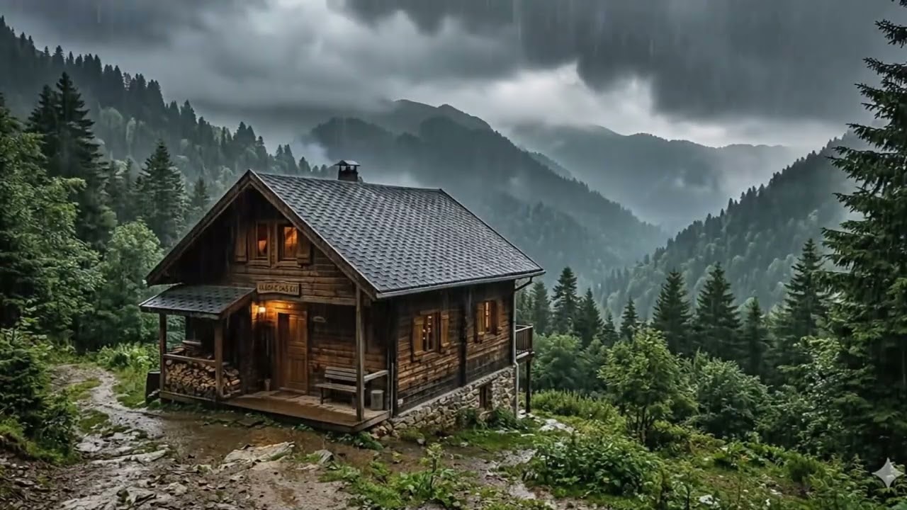Rainstorm in the Woods  Safe Inside a Log Cabin with Forest Rain Sounds for Deep Sleep