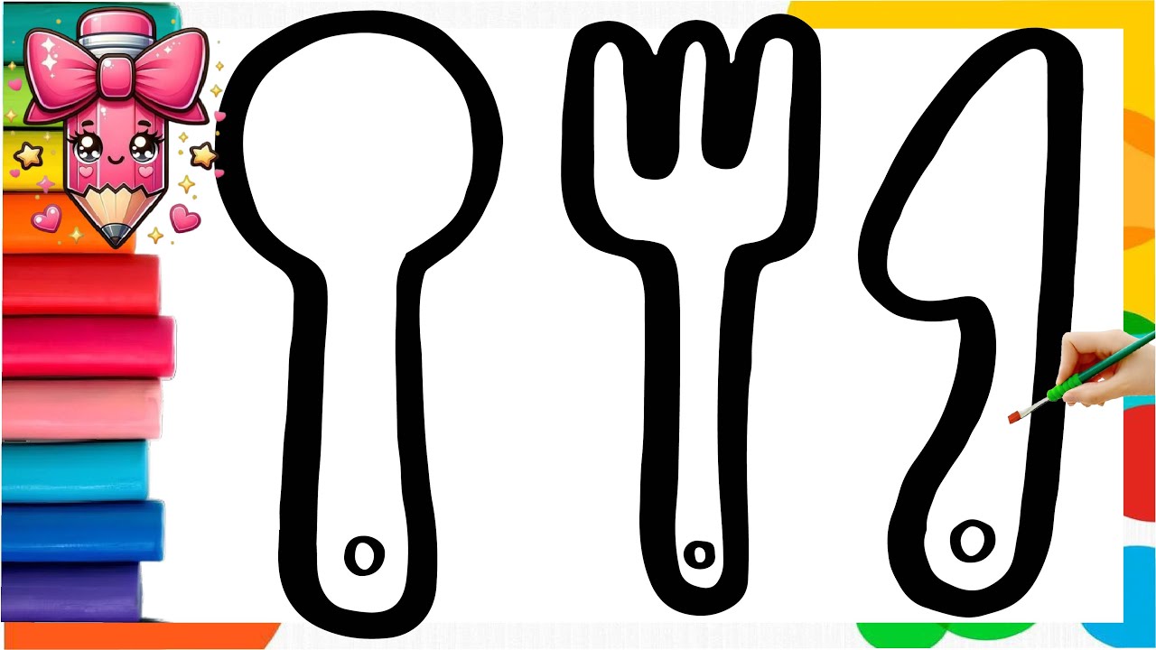 How To Draw cute spoon and fork Drawing, Painting & Coloring Kids and Toddlers
