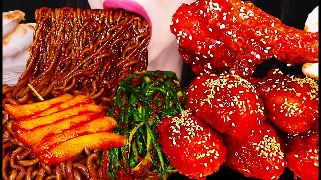 ASMR FRIED CHICKEN, BLACK BEAN NOODLES 파김치 양념치킨 짜파게티 먹방 MUKBANG, EATING