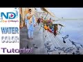 Watercolor painting riverside stairs landscape with amitabh bachchan indian sadhu and some pigeons