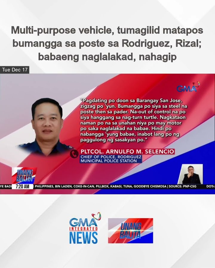 Multi-purpose vehicle, tumagilid matapos bumangga sa poste sa Rodriguez, Rizal;... | Unang Balita