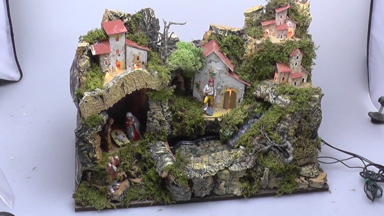 Presepe completo con luci e cascata nel lago - YouTube