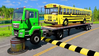 Double Flatbed Trailer Truck vs Speedbumps Train vs Cars | Tractor vs Train Beamng.Drive