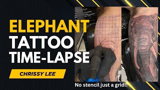 Elephant Tattoo Time-Lapse - Grid Method No Stencil - Chrissy Lee