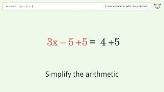 Linear equation with one unknown: Solve 3x-5=4 step-by-step solution