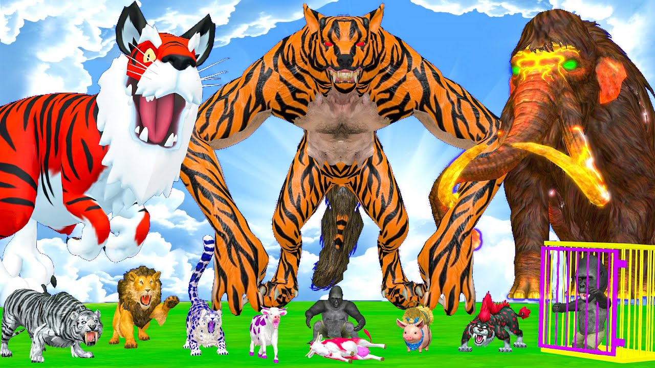 3 Zombie Bulls Vs 3 Zombie Cows 3 Zombie Buffalos Fight Cow Cartoon Elephant Save by Woolly Mammoth