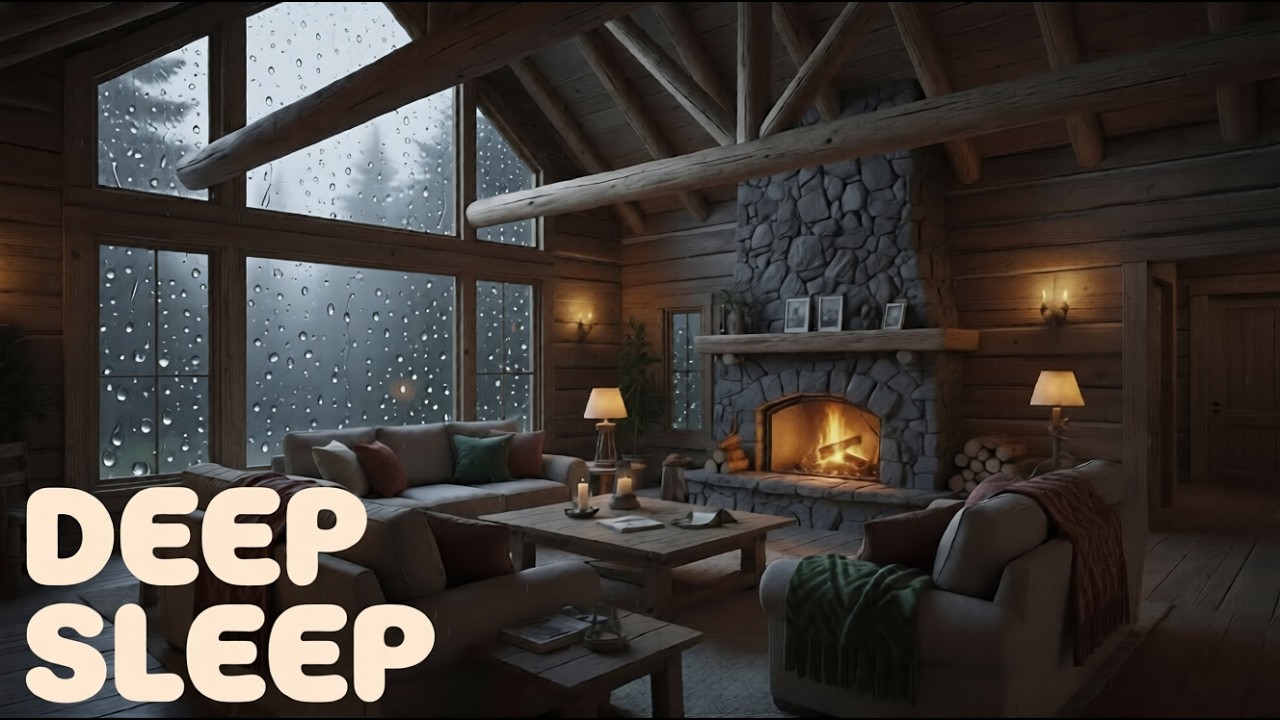 Cozy Cabin Rain Sounds with Fireplace 🔥 8 Hours Rainy Night Jazz Ambience for Sleep