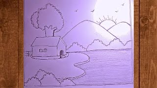 How To Draw Village Scenery Pencil Drawing Village Drawing House ,Sun ,Bird , Hill, Tree