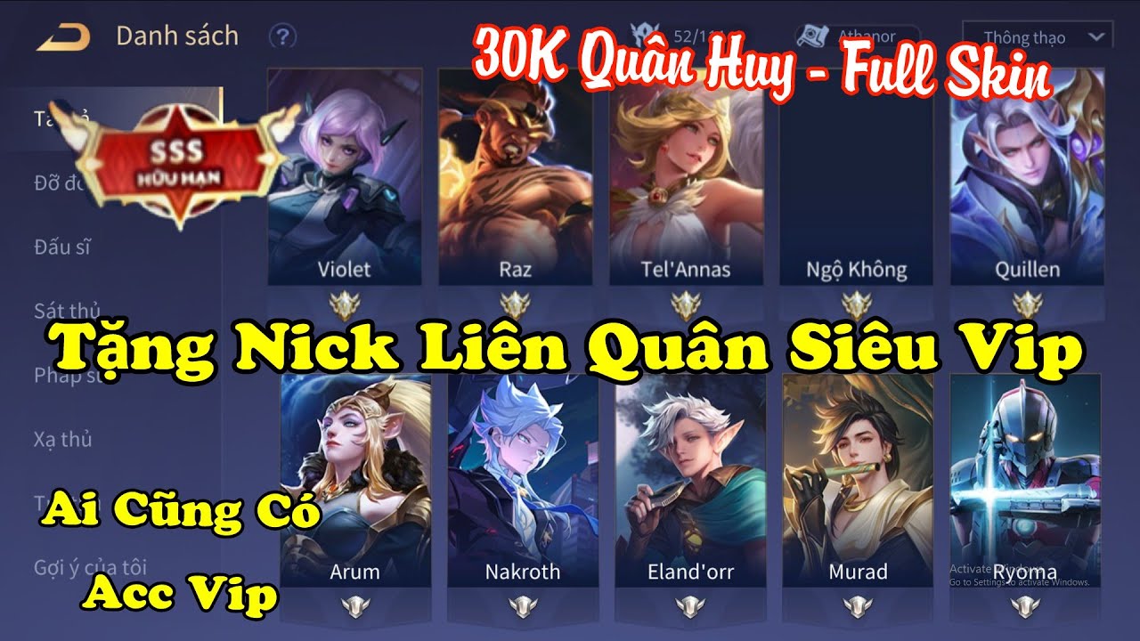 Tặng ACC Liên Quân Mới Nhất Trắng Thông Tin – Tặng Nick Skin Vip Và Full Tướng Cực Xịn