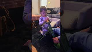 Boy places rocket inside toy launcher then gets hit on face/eye in living room