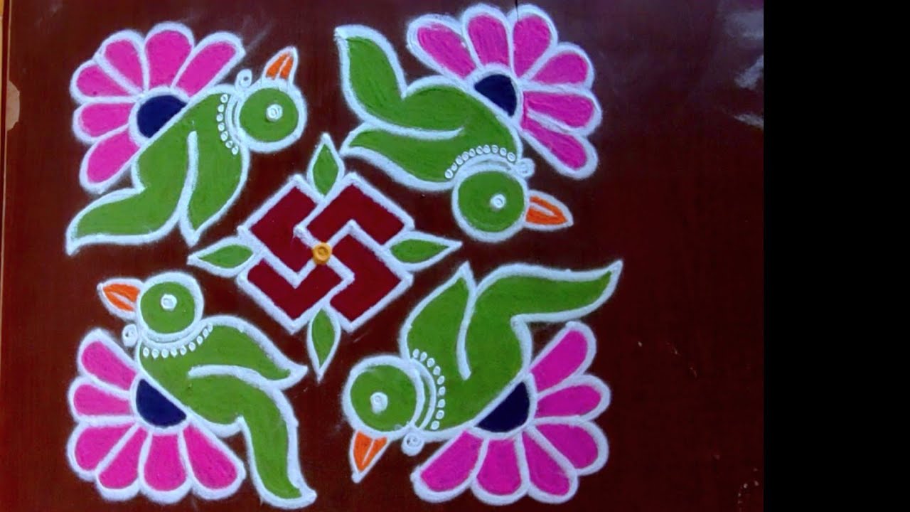 Parrot with flower design rangoli 10×10 dots From Thiru Aarooran