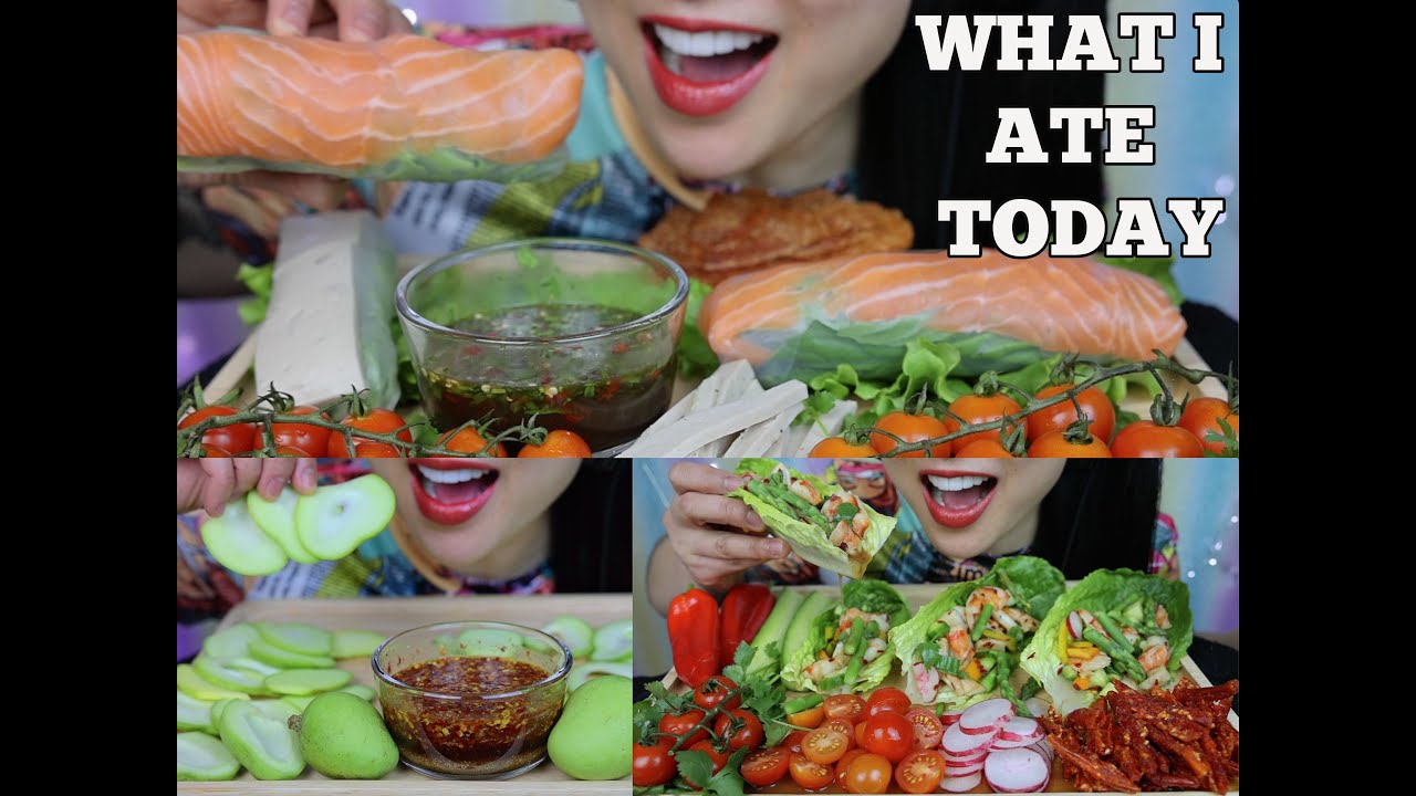ASMR WHAT I ATE TODAY Part 6. (SALMON ROLL + SHRIMP WRAP + SOUR MANGO) NO TALKING | SAS-ASMR