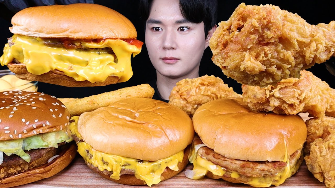 트리플 치즈버거 치즈스틱 치킨 먹방ASMR MUKBANG TRIPLE CHEESEBURGERS & FRIED CHICKEN チキン チーズバーガー eating sounds