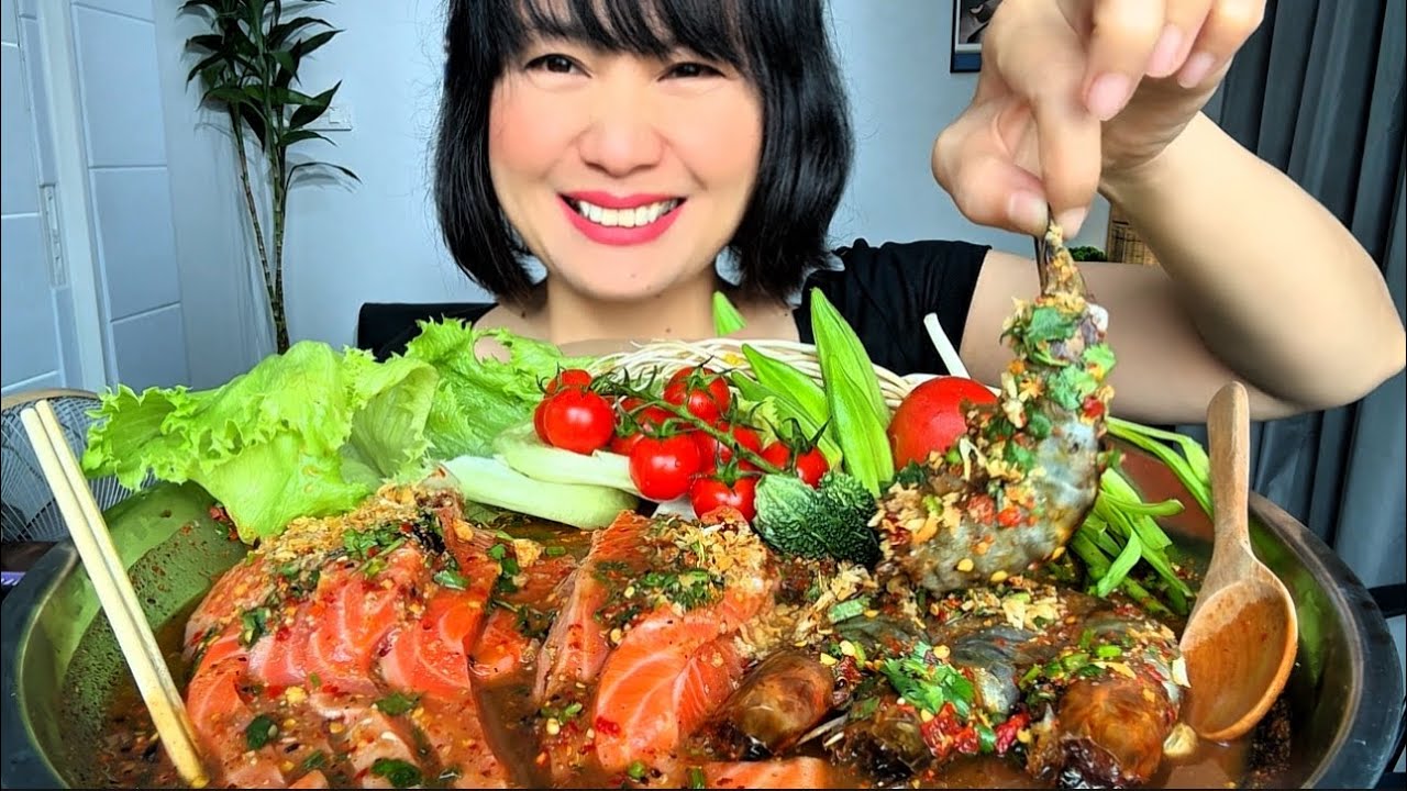Thaifood ASMRแซลมอนกุ้งดองน้ำปลาร้าหอมนัวกุ้งดองเด้งๆSalmon,pickled shrimp in fermented MUKBANG SHOW