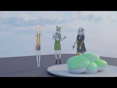ずんだ餅の前でおどるずんだもんと紲星あかりと春日部つむぎ