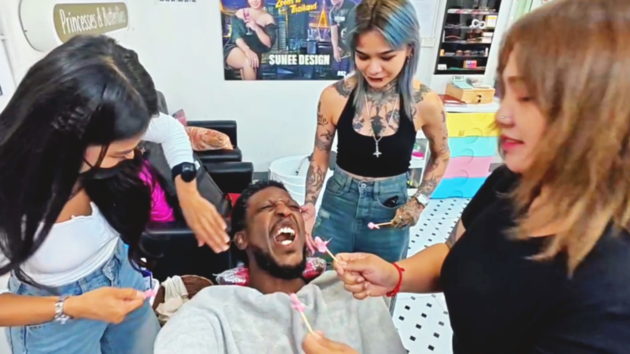 💈 3 Thai Lady Barbers Tag Teamed My Line Up, Beard Trim & Wax Removal – Pattaya, Thailand 🇹🇭