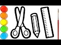 Menggambar Dan Mewarnai Peralatan Sekolah (Gunting, Pensil, Penggaris) Untuk Anak-anak