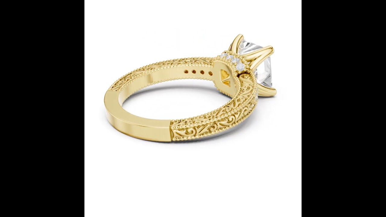 Princess Cut Filigree with Milgrain Pave Band Engagement Ring