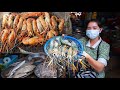 Market Tour - Fresh River Prawn Gilling - River Prawn Eating Spicy Chili Sauce - Cooking With Sros