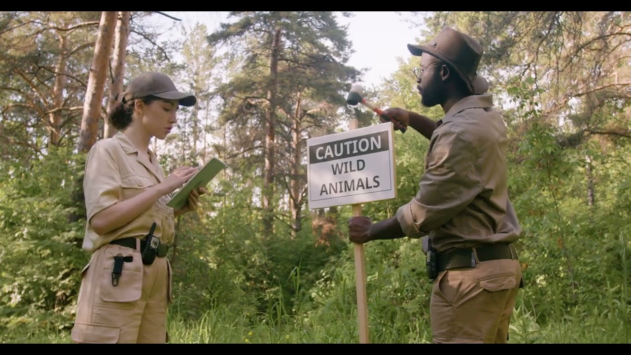 African American Forest Warden Installs Wildlife Warning Sign  Stock Footage 4K
