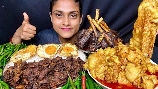 Mutton Boti Curry Mutton Fat Curry Mutton Leg Fry With Rice Egg Pouch Chilli Eating Mukbang 