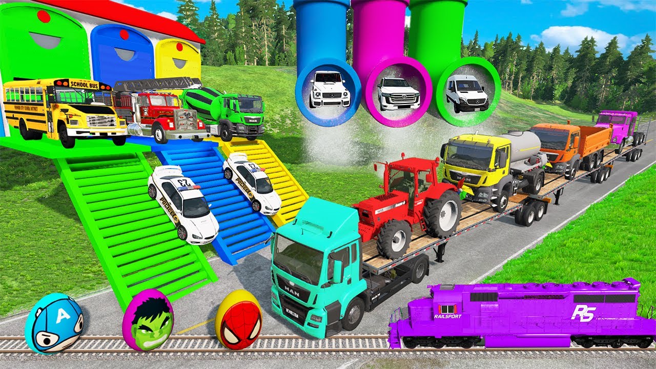 Triple Flatbed Trailer McQueen Transportation with Truck - Speedbumps vs Cars vs Train - BeamNG #10