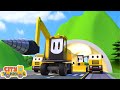 Construction vehicles  excavator bulldozer dump truck drill paver build tunnel after rockfall