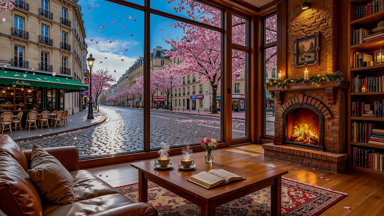 Smooth Piano Jazz in Paris Coffee Shop | Relaxing Jazz Spring Ambience with Fireplace Sounds to Work