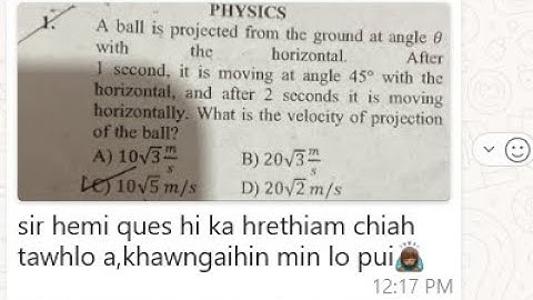 A ball is projected from the ground at angle θ 𝜃 with the horizontal. After 1 s 1 𝑠 , it is moving