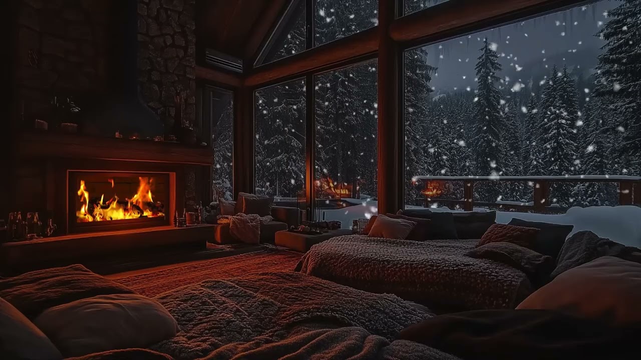 Cozy Winter Calm Night: Snowfall and Fireplace Sounds for Deep Sleep
