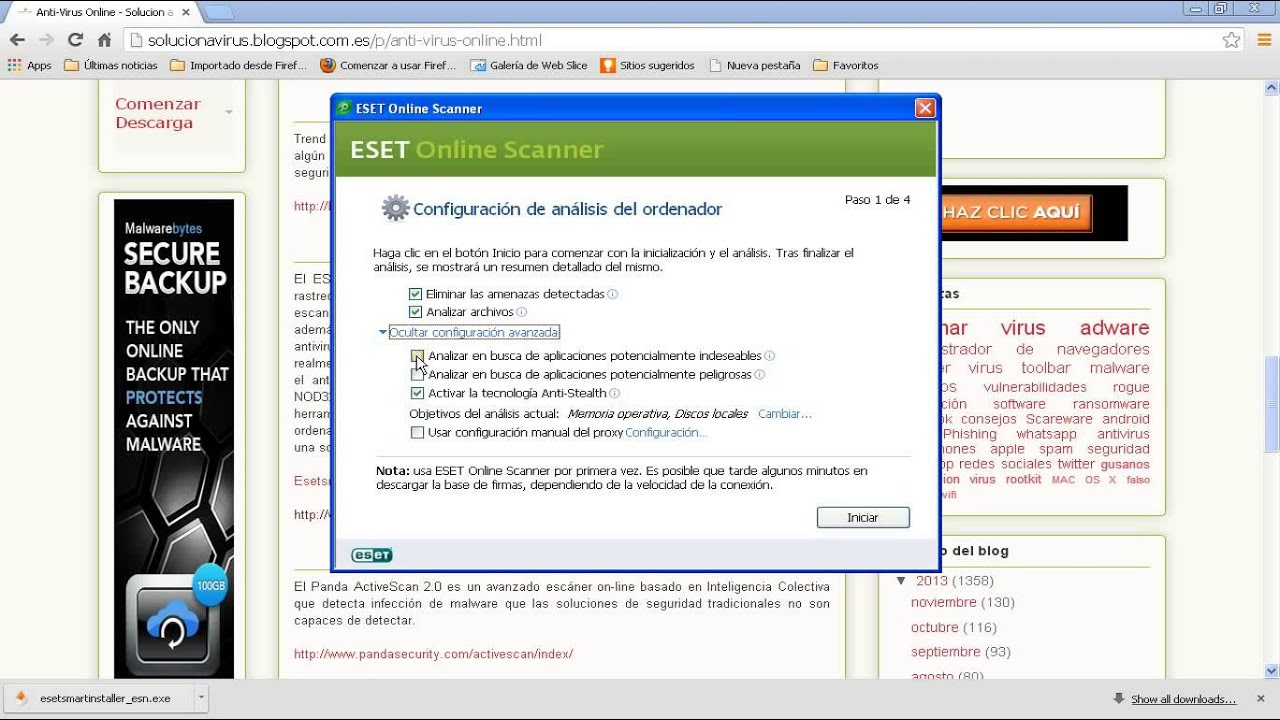eliminar virus de publicidad en android Analizar el PC con Eset OnLine Scanner