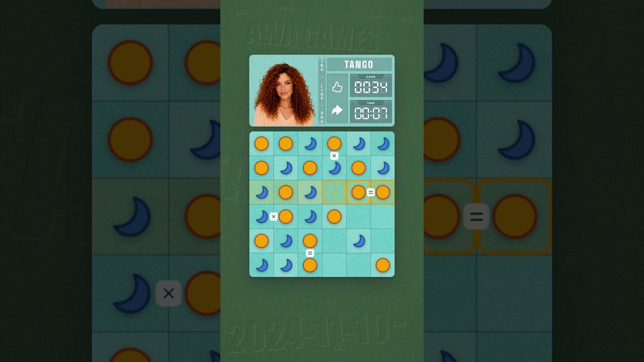 LinkedIn Tango #34 solved board for November 10, 2024, 6x6 grid