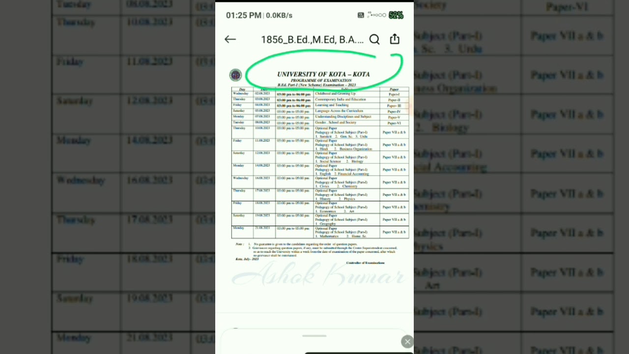 Kota University bed. exam 2023। time table