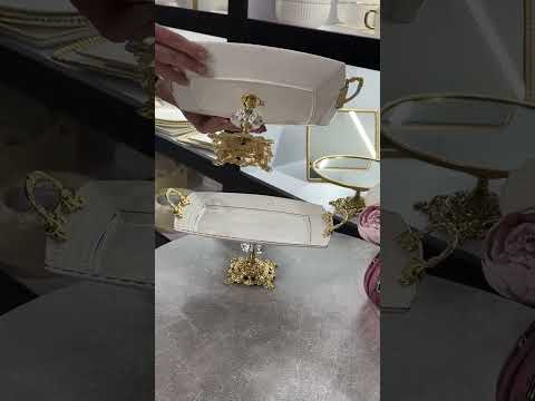 Блюдо на золотой изысканной ножке 39х28 см с золотыми ручками, видео 1