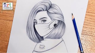 تعليم رسم بنت بشعر قصير ترتدي كمامة || رسم بنات كيوت بالرصاص خطوة بخطوة للمبتدئين