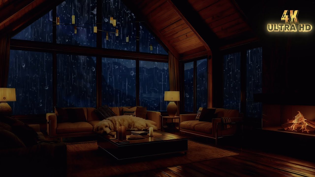 Fireplace Glow and Rainfall in a Cozy Loft Cabin | 4K Deep Relaxation Ambience