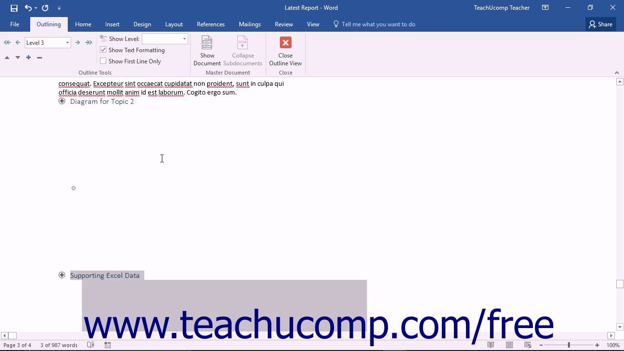 Word 2016 Tutorial Moving Selected Outline Text Microsoft Training ...