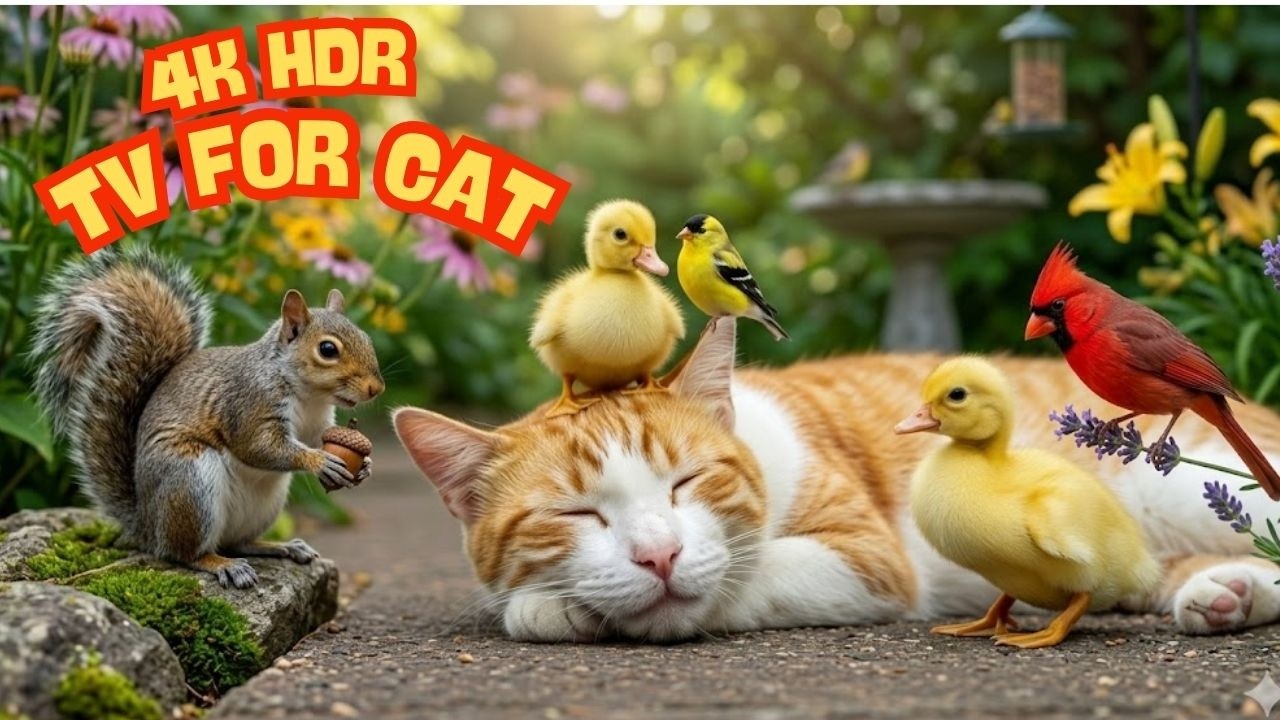 TV for Cats 🐿️ Calm Garden with Singing Birds & Curious Squirrel | Ultra 4K HD