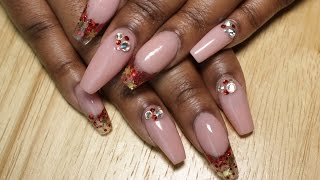 Coffin Pink Nude Nails w/ Red and Gold Glitter Tips | LongHairPrettyNails