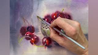 Drawing Cherries with Watercolor. Painting Demonstration. Watercolor Wet Technique. Cherry