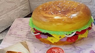 3д торт гамбургер с картошкой фри и соусом. Подробное оформление торта гамбургер.