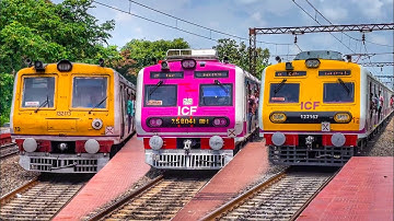 Different model modern EMU local trains perfect timing crossing moment showcase.