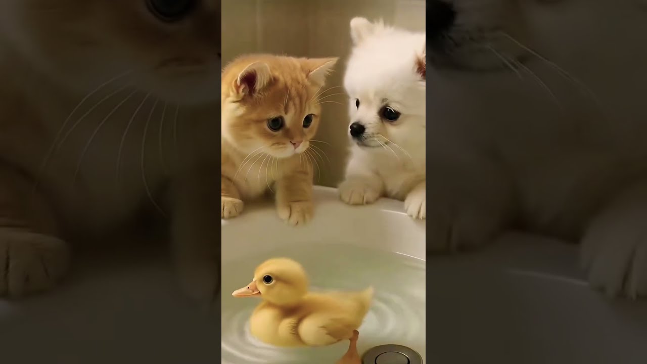 The Kitten Is Very Curious About Duck 