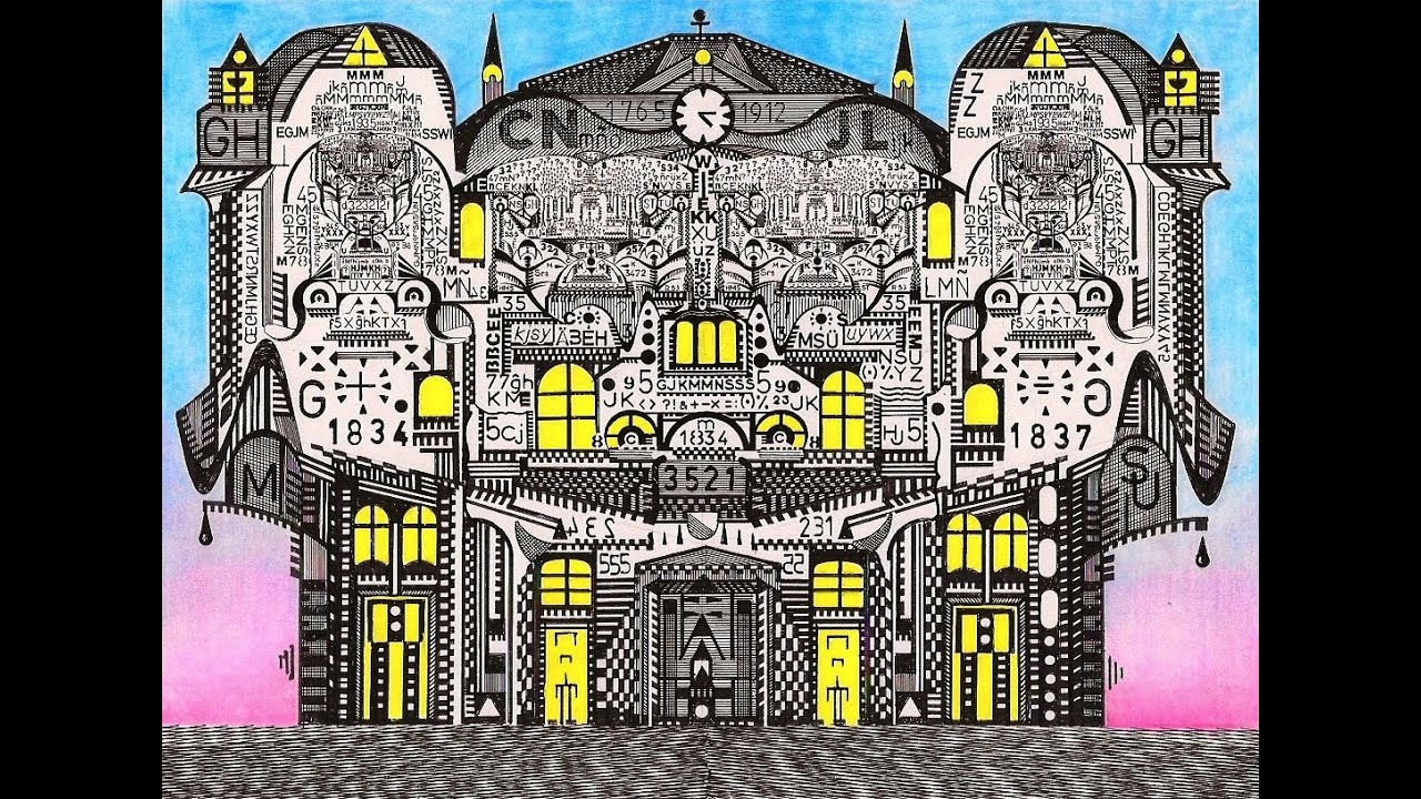 Intricate Ink Drawing of an Old Building in Front of a Colored Pencil