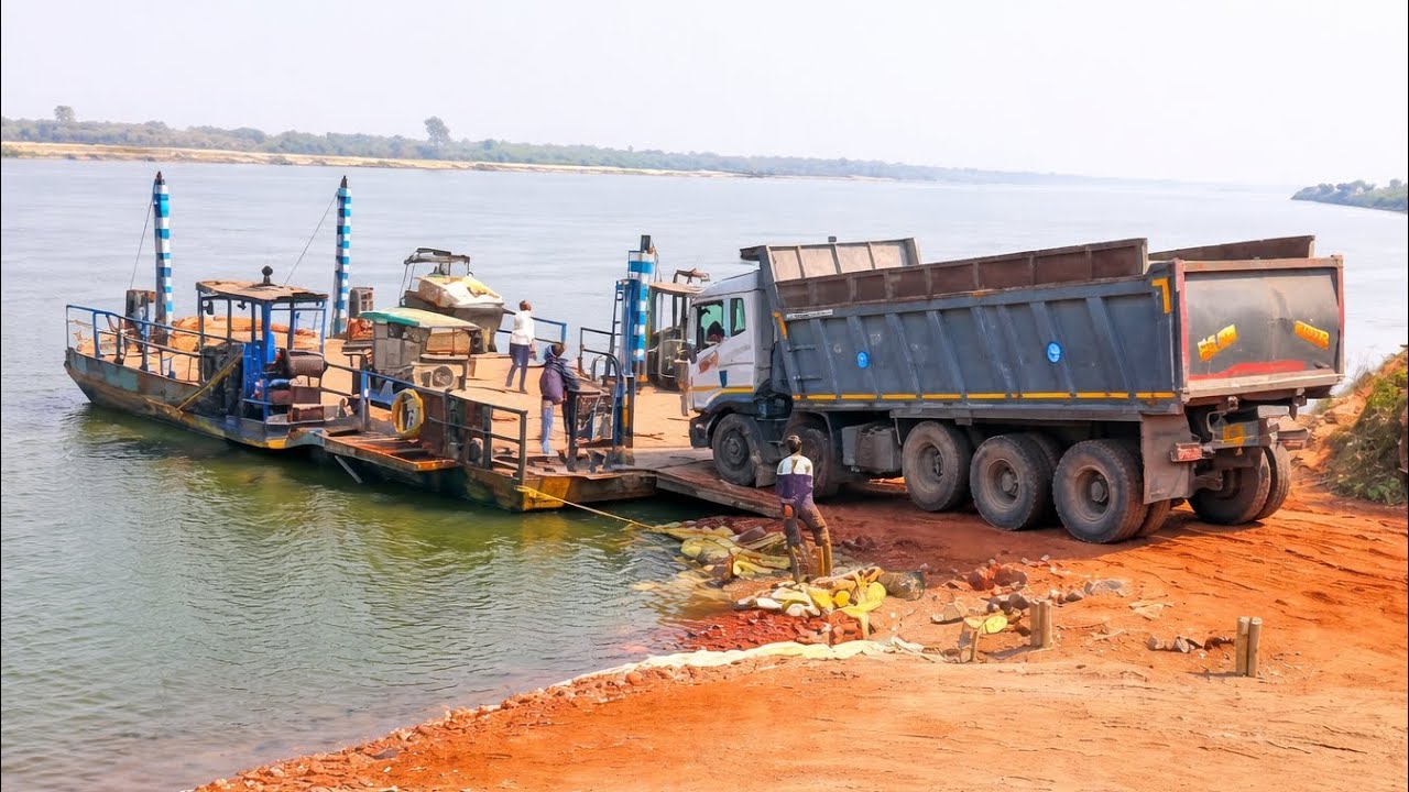 Heavy Truck Crossing River on Local Ferry | Amazing Rural Transport Scene