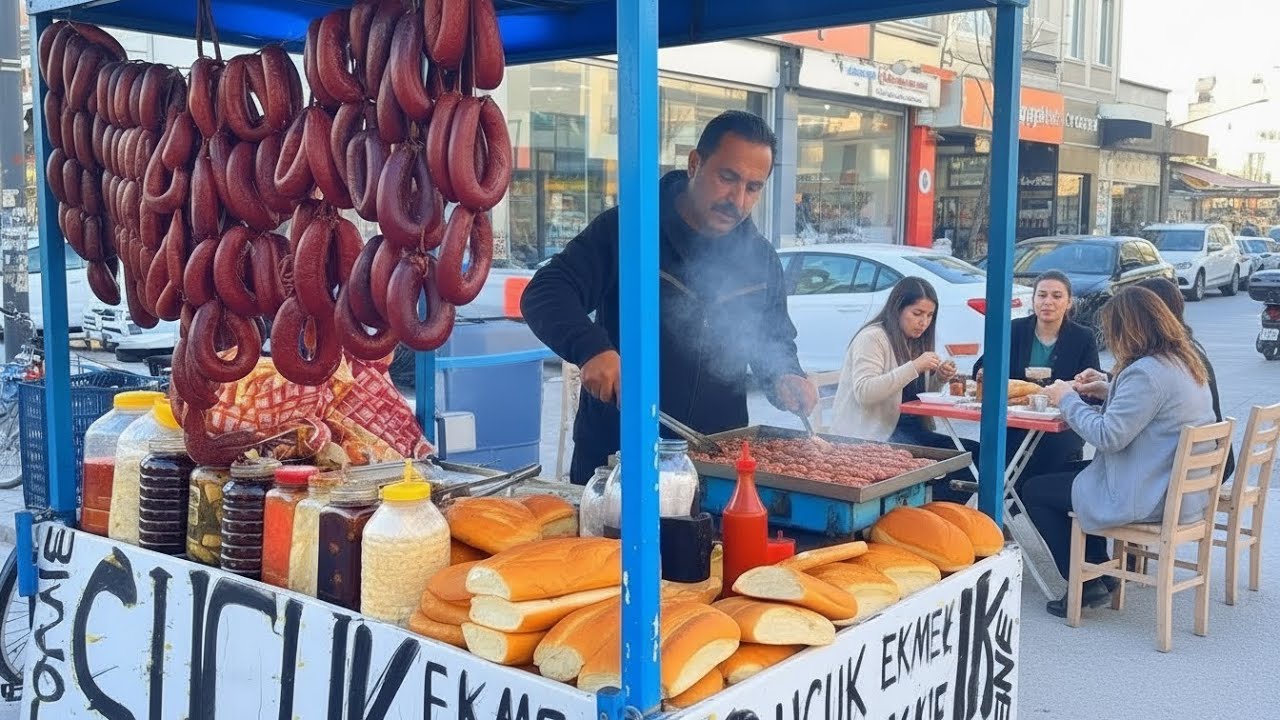 Этот парень делает самые вкусные колбаски в городе в своей маленькой лавке -потрясающая уличная еда!