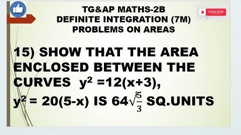 MATHS-2B Show that the area enclosed between the curves y^2=12(x+3),y^2=20(5-x) is 64√15/3 sq units